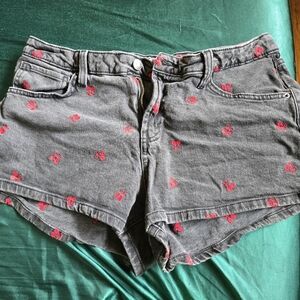 Black Jean Women's Shorts with Red Embroided Cherry Accents